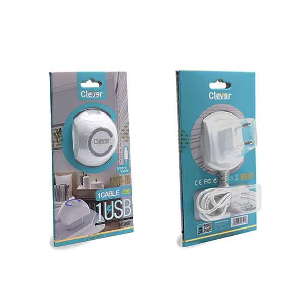 CHARGER CLEVER USB 1 PORT FOR SMARTPHONE HC-1007 DC 5V-2.4A شاحن مخرج واحد مع كبل مدمج ايفون ,Smartphones & Tab Chargers