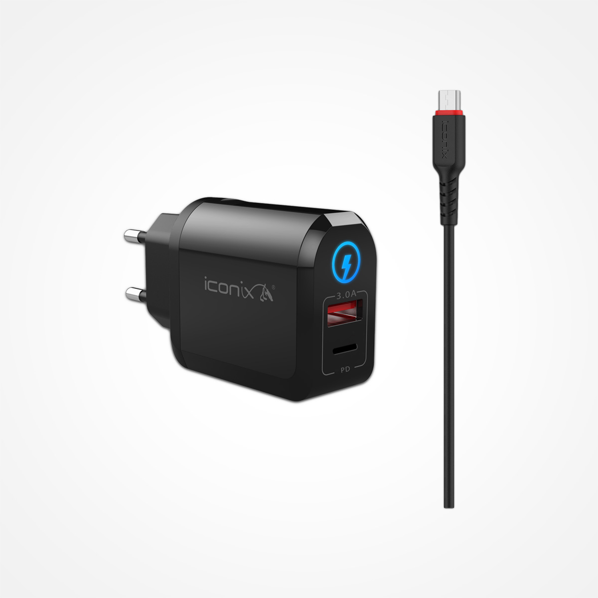 CHARGER 2 PORT QUICK CHARGE TYPE C & USB FOR ANDROID I CONIX 4.8A IC-HC1028 راسيه شاحن سريع مخرج عادي ومخرج تايب سي مع كبل مايكرو ,Smartphones & Tab Chargers